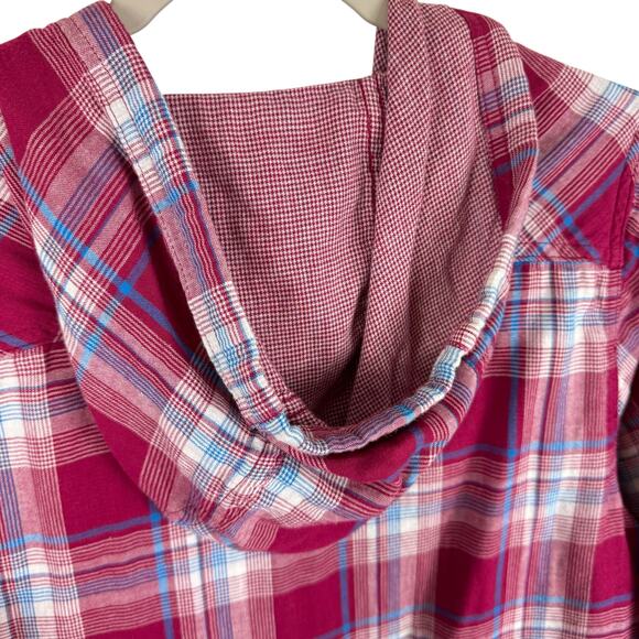 Boston Traders Pink Plaid Hooded Button Up Roll Tab Sleeve Flannel Shirt Size M - Picture 5 of 10